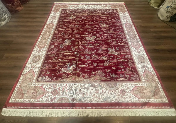 Turkish Silk Rug 8x10, Red & Ivory, Hunting Design, Bamboo Silk, New, photo 2 of 12