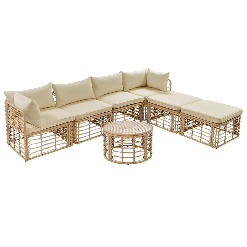 7 Pieces Outdoor Patio Furniture, All-Weather Rattan Sectional Sofa Set with Thick Cushions and Pillows, Freely Combined Conversation Sets for Garden, Backyard, Balcony, Brown by HouseOfZazla