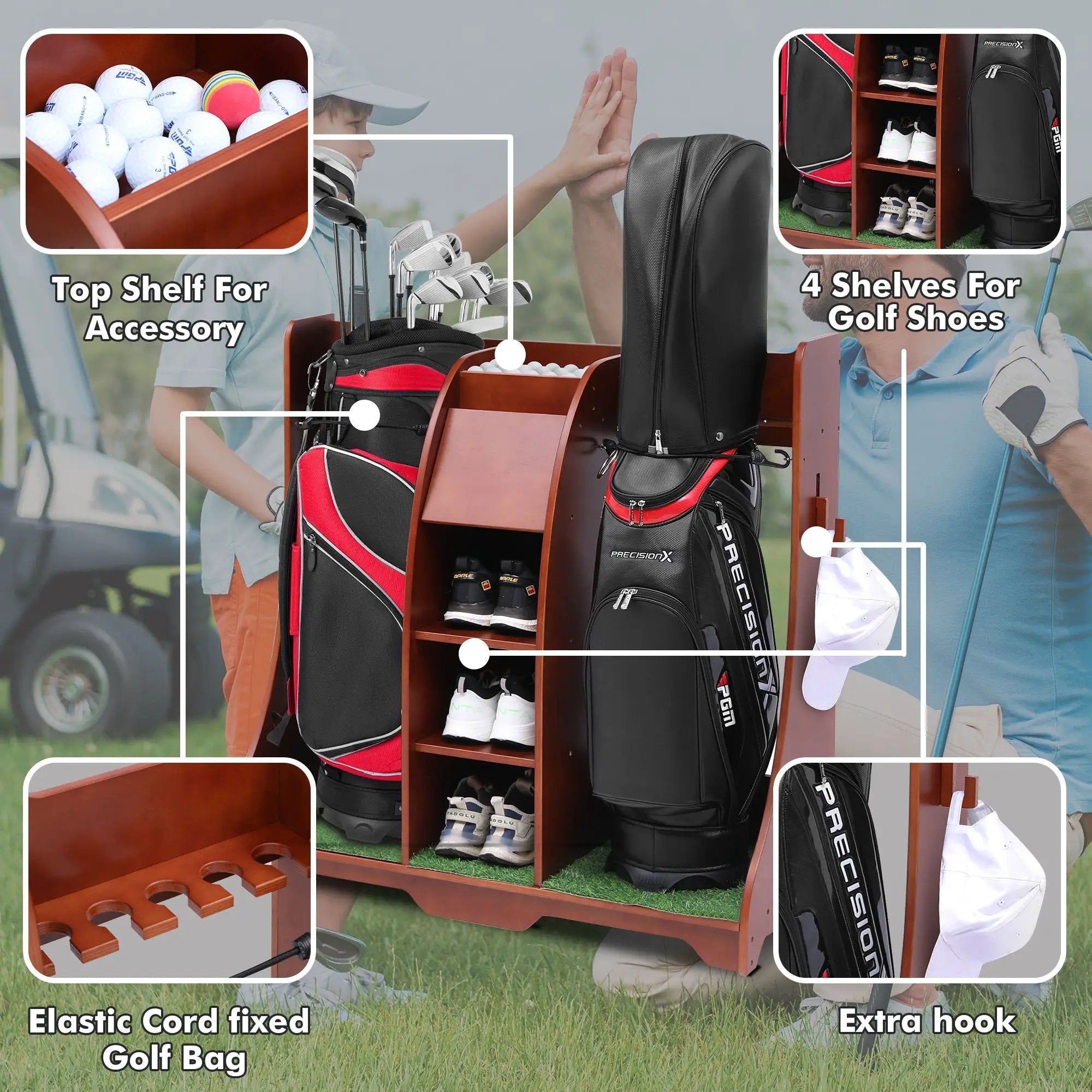Wood Freestanding Adjustable Multi Use Golf Shelf - Reddish Brown by HouseOfZazla