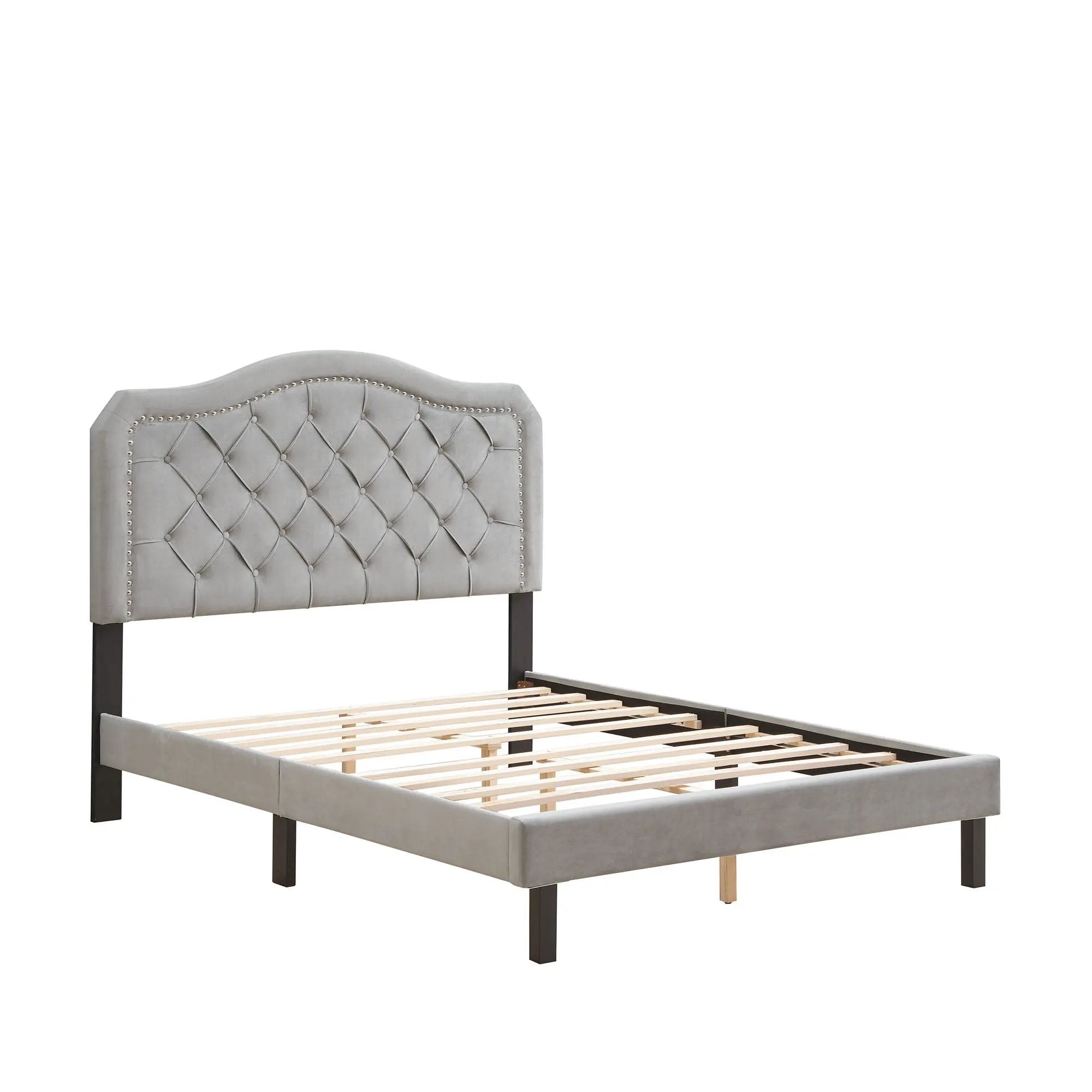 Queen Platform Upholstered Bed Button Tufted With Curve Design, Strong Wood Slat Support - Gray by HouseOfZazla