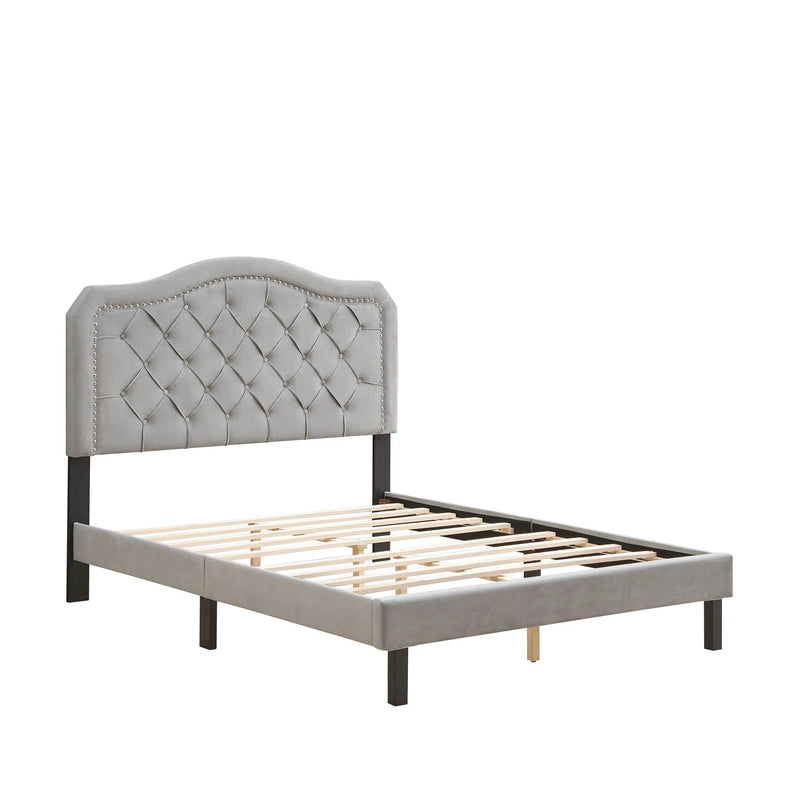 Queen Platform Upholstered Bed Button Tufted With Curve Design, Strong Wood Slat Support - Gray by HouseOfZazla