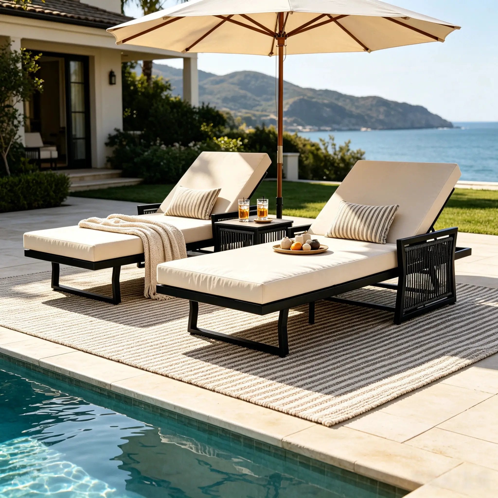 Black Iron Outdoor Chaise Lounge with Cream Cushion by HouseOfZazla