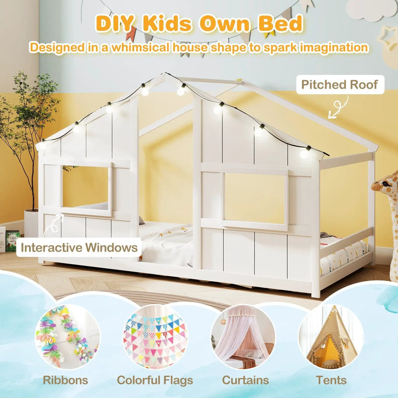 Twin Size House Bed with LED Lights Montessori Slat-free Floor Bed by DirectDeals