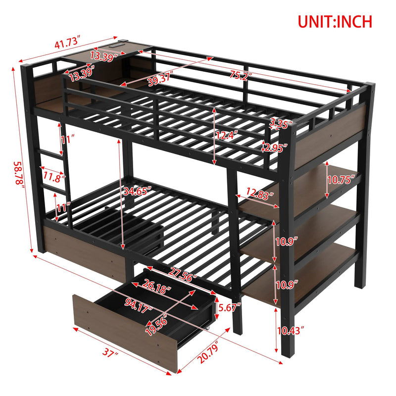 Twin Size Metal Bunk Bed with Storage Shelves, LED Light Strip, and USB Power Strip by HouseOfZazla