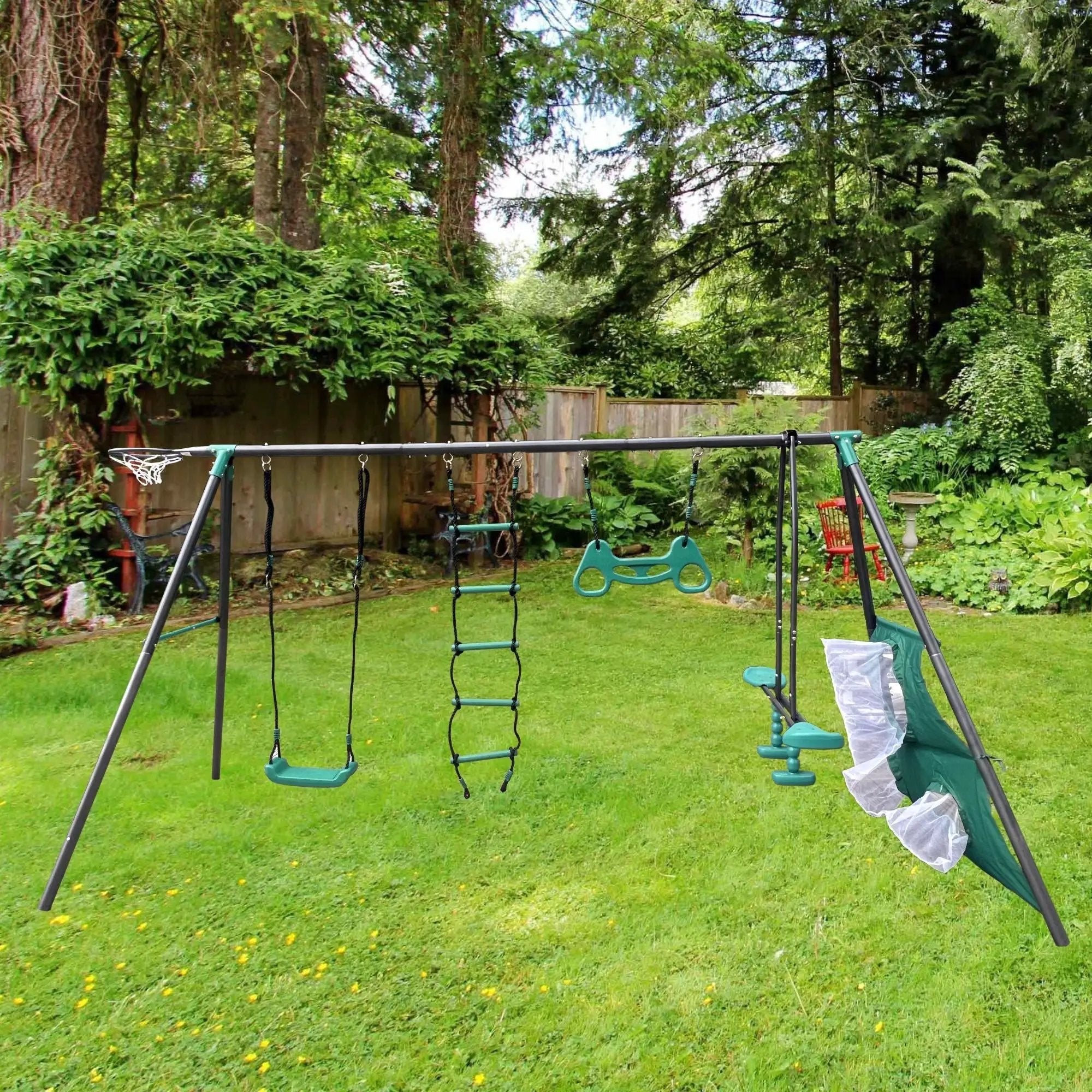 Interesting Four Function Swingset With Face To Face Metal Plastic Safe Swing Seat 550Lbs For Outdoor Playground For Age 3+ - Blackish Green by HouseOfZazla