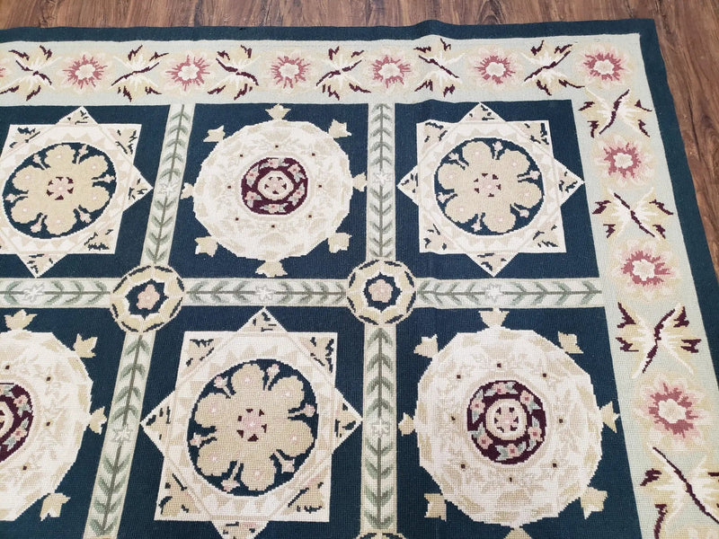 Vintage Chinese Needlepoint Rug 6x9, Panel Design Area Rug Wool Hand-Woven Black & Ivory Carpet Flat Weave Bedroom Rug 6 x 9 Living Room Rug by Jewel Rugs