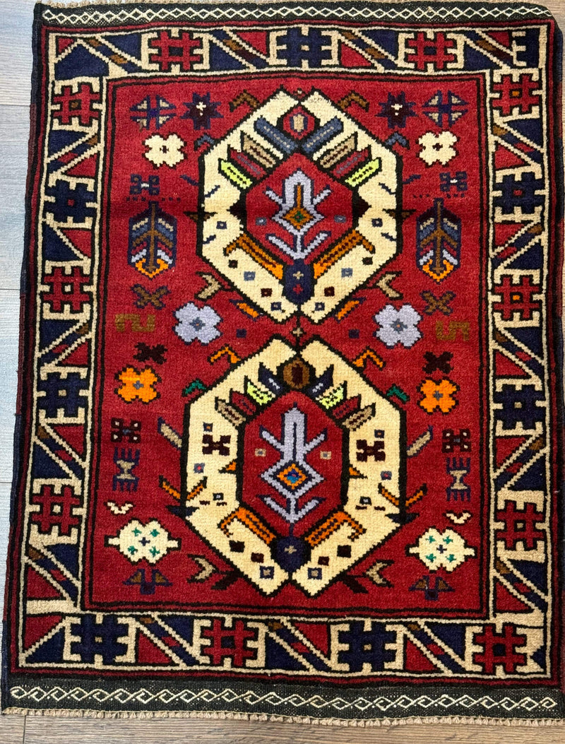 Small Persian Tribal Rug, Red and Ivory, Baluch Rug by Jewel Rugs