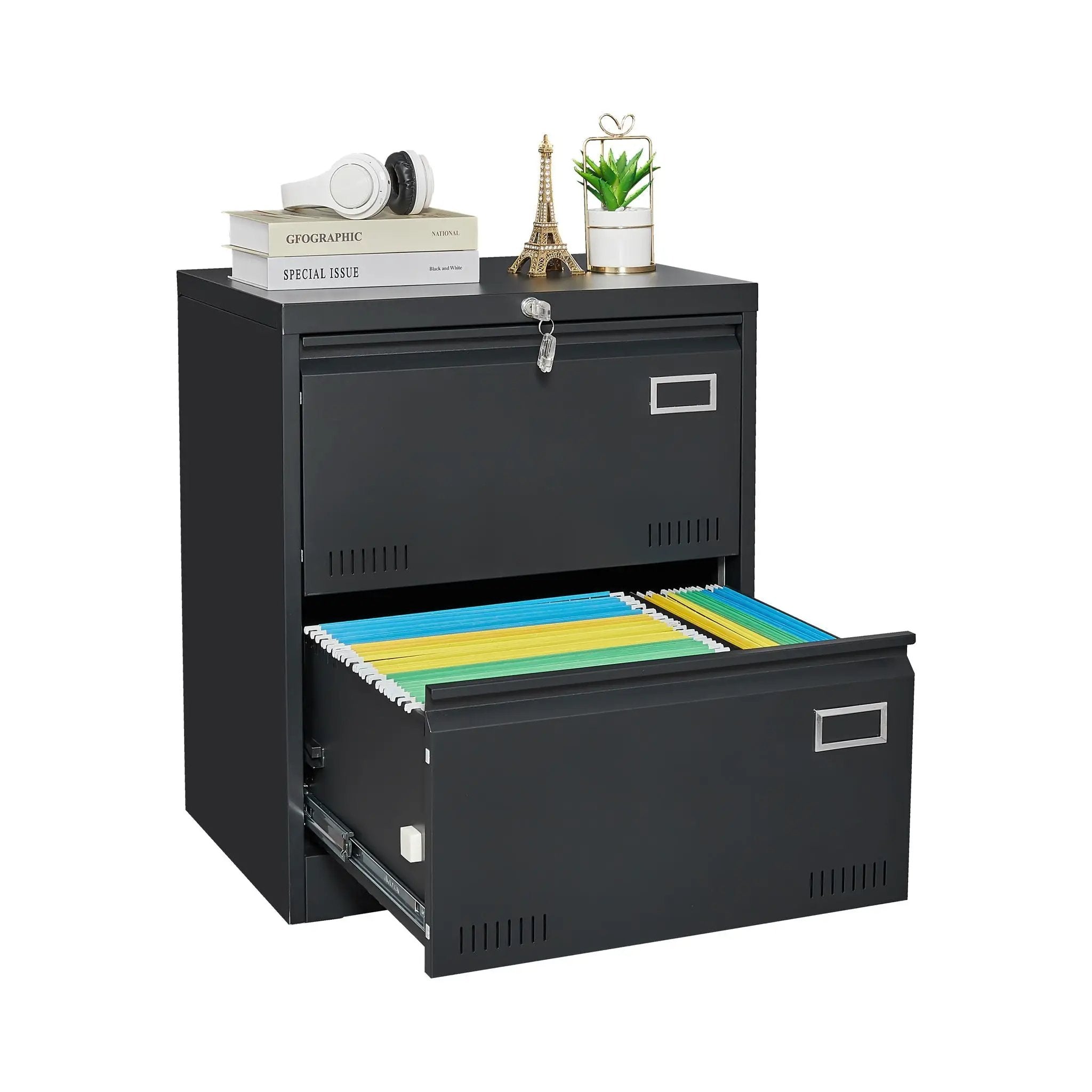 2 Drawer Metal Lateral File Cabinet With Lock, Office Vertical Files Cabinet For Home Office, Locking Metal File Cabinet - Black by Unique Piece Furniture