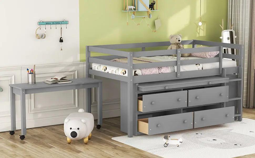 Loft Bed With Retractable Writing Desk And 4 Drawers, With Lateral Portable Desk And Shelves by HouseOfZazla
