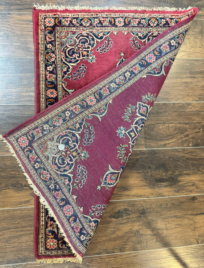 Small Persian Kashan Rug 2x3, Red and Navy Blue, Handmade Vintage Wool Semi Antique Persian Carpet, Semi Open Field, Pair B by Jewel Rugs