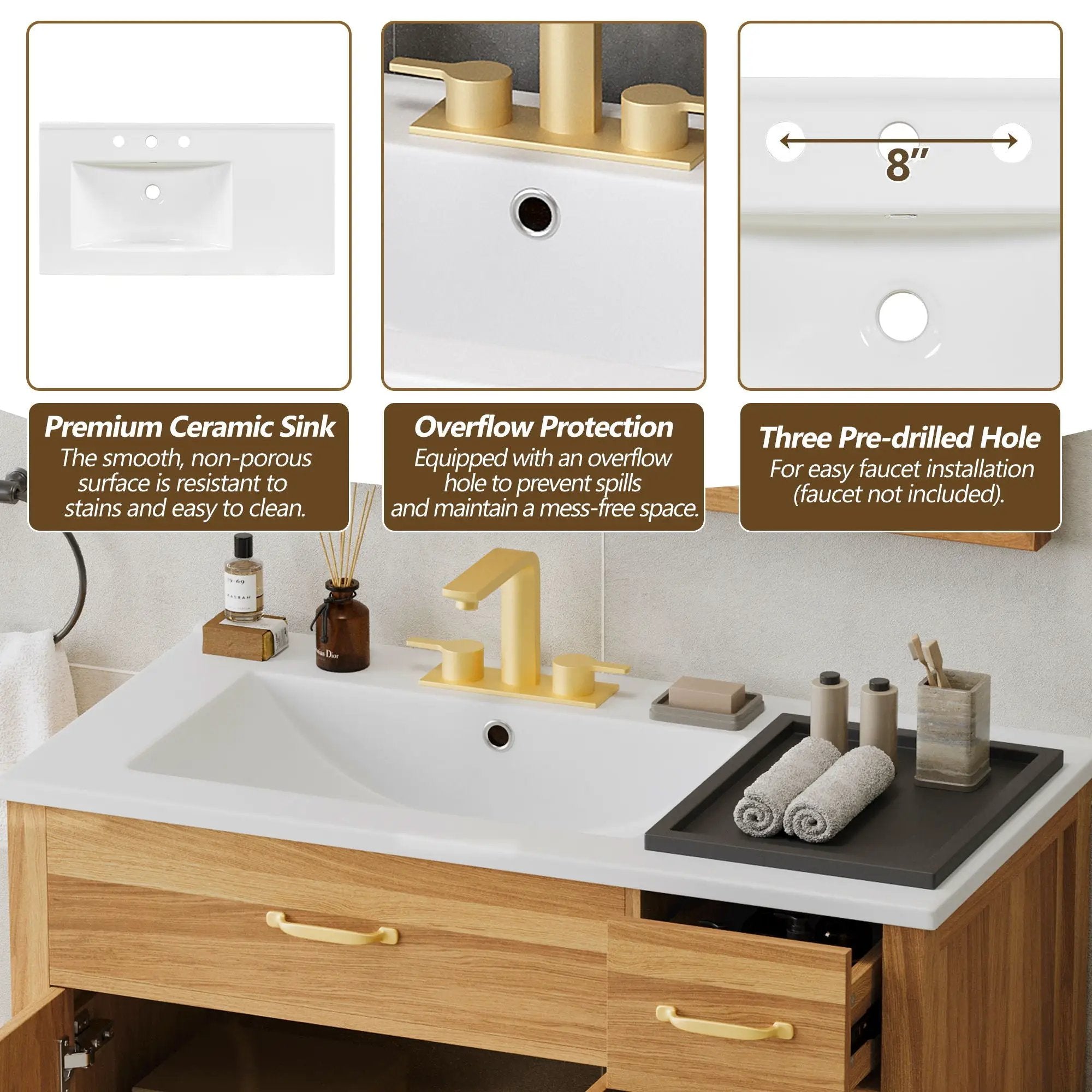 Bathroom Vanity, 2 Soft Close Doors, 3 Soft Close Drawers, Adjustable Shelf - Wood by Unique Piece Furniture