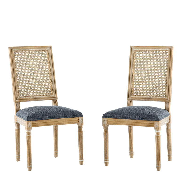 French Country Dining Chair With Rectangular Cane Backrest And Smooth Upholstered Seating by HouseOfZazla