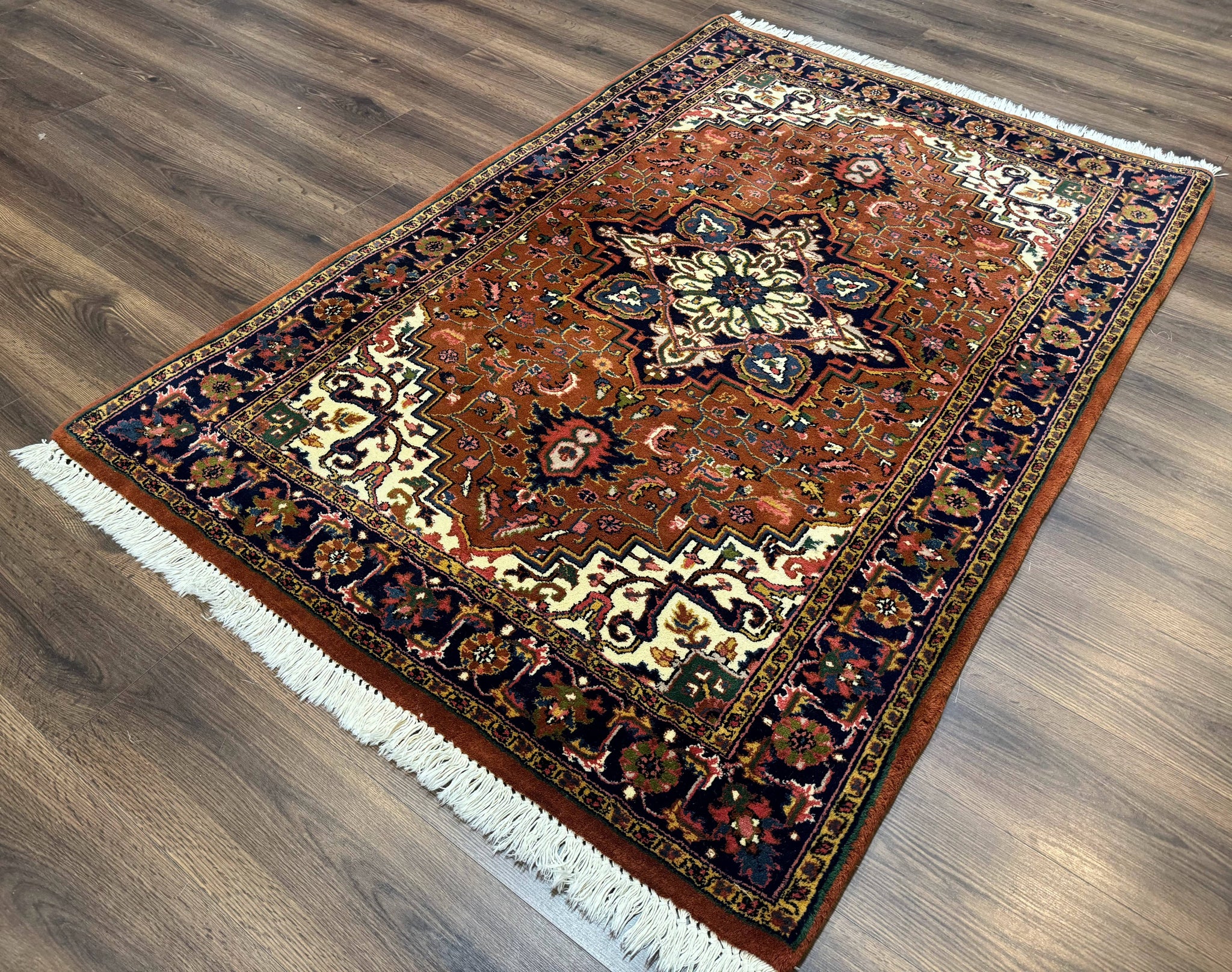 Indo Persian Heriz Rug 4x6, Rust Red Navy Blue and Cream by Jewel Rugs