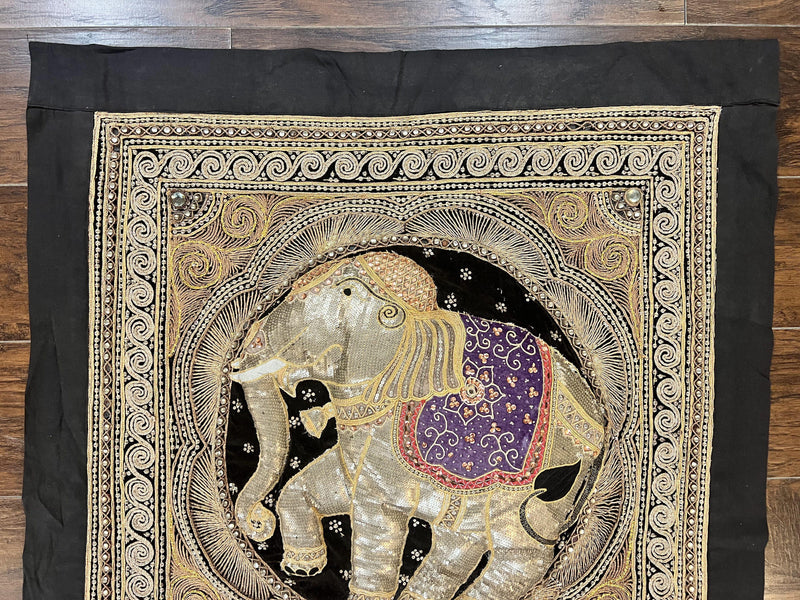Indian Embroidery 3x3, Elephant Design, Detailed Needlepoint, Beadwork by Jewel Rugs