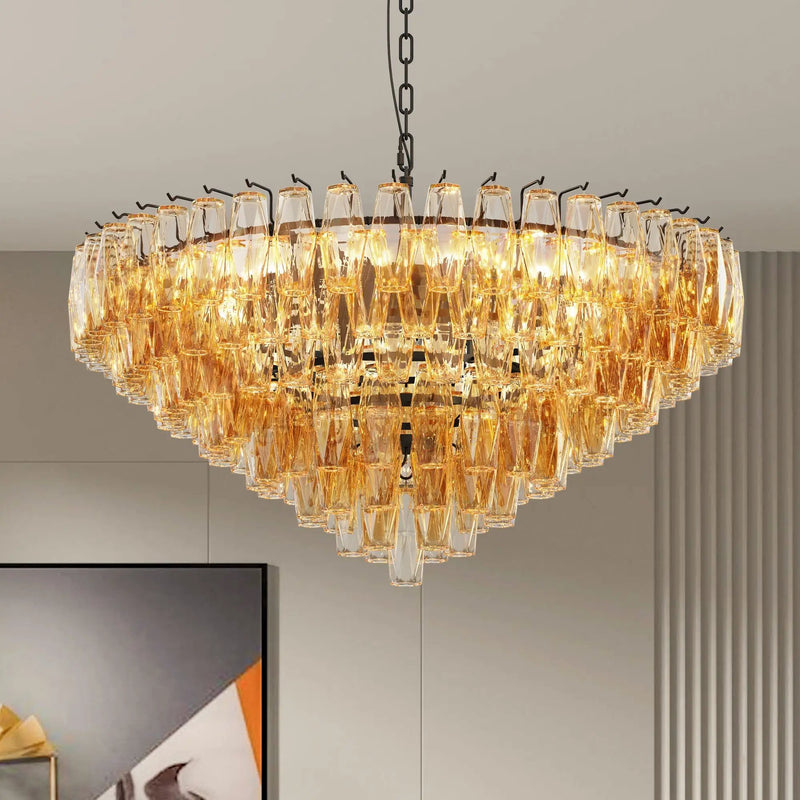 Modern Round 14-Light Black Chandelier with Smoke Glass Tubes by HouseOfZazla