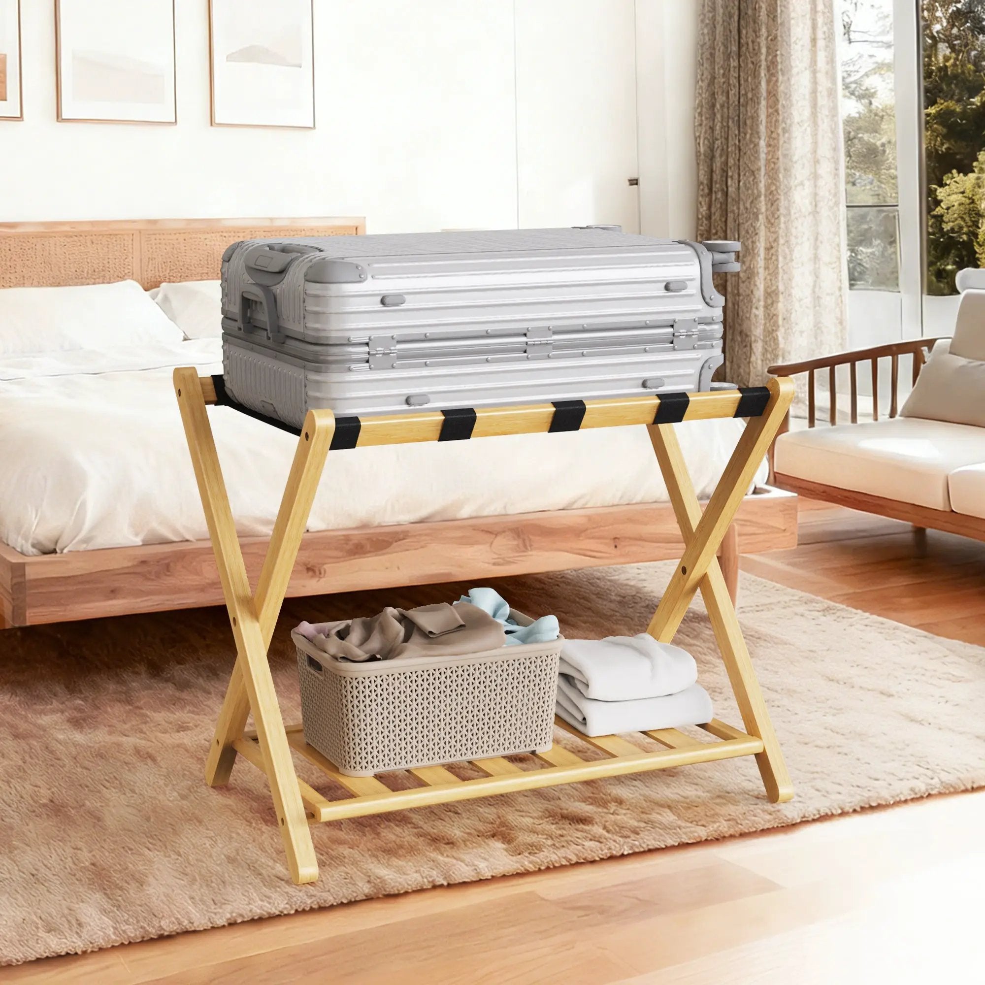 Folding Bamboo Luggage Rack with Lower Storage Shelf by HouseOfZazla