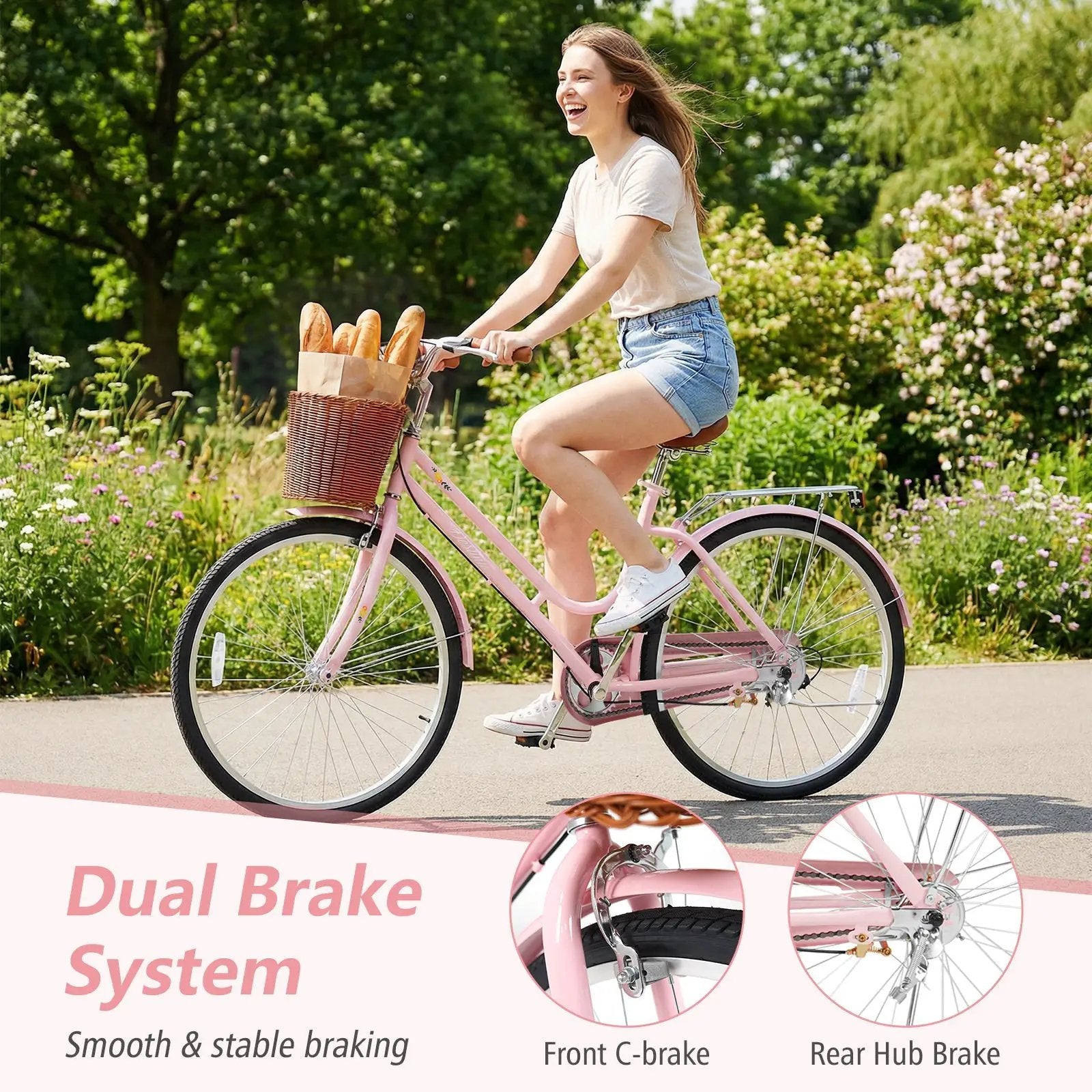 26" Beach Cruiser Bike for Women with Basket and Rear Rack by DirectDeals