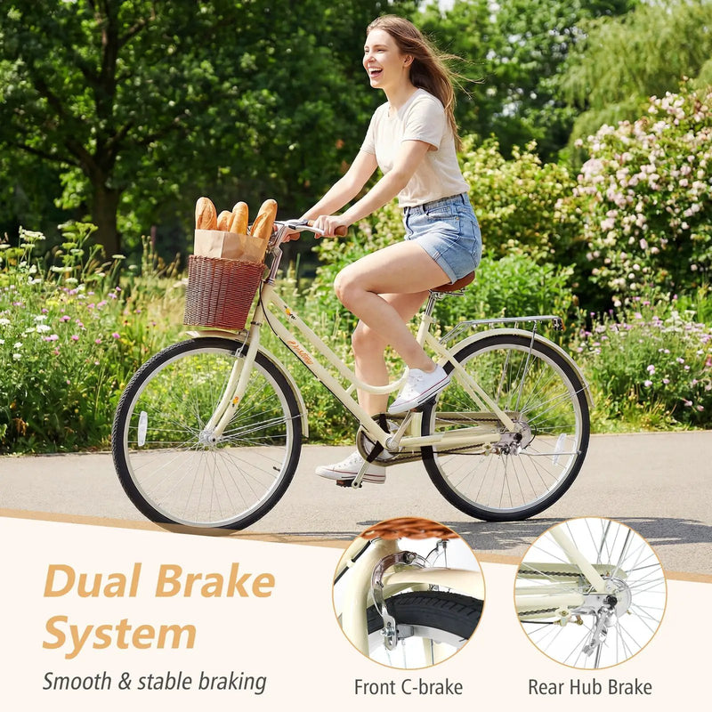 24/26 Inch Beach Cruiser Bike with Basket and Rear Rack by DirectDeals