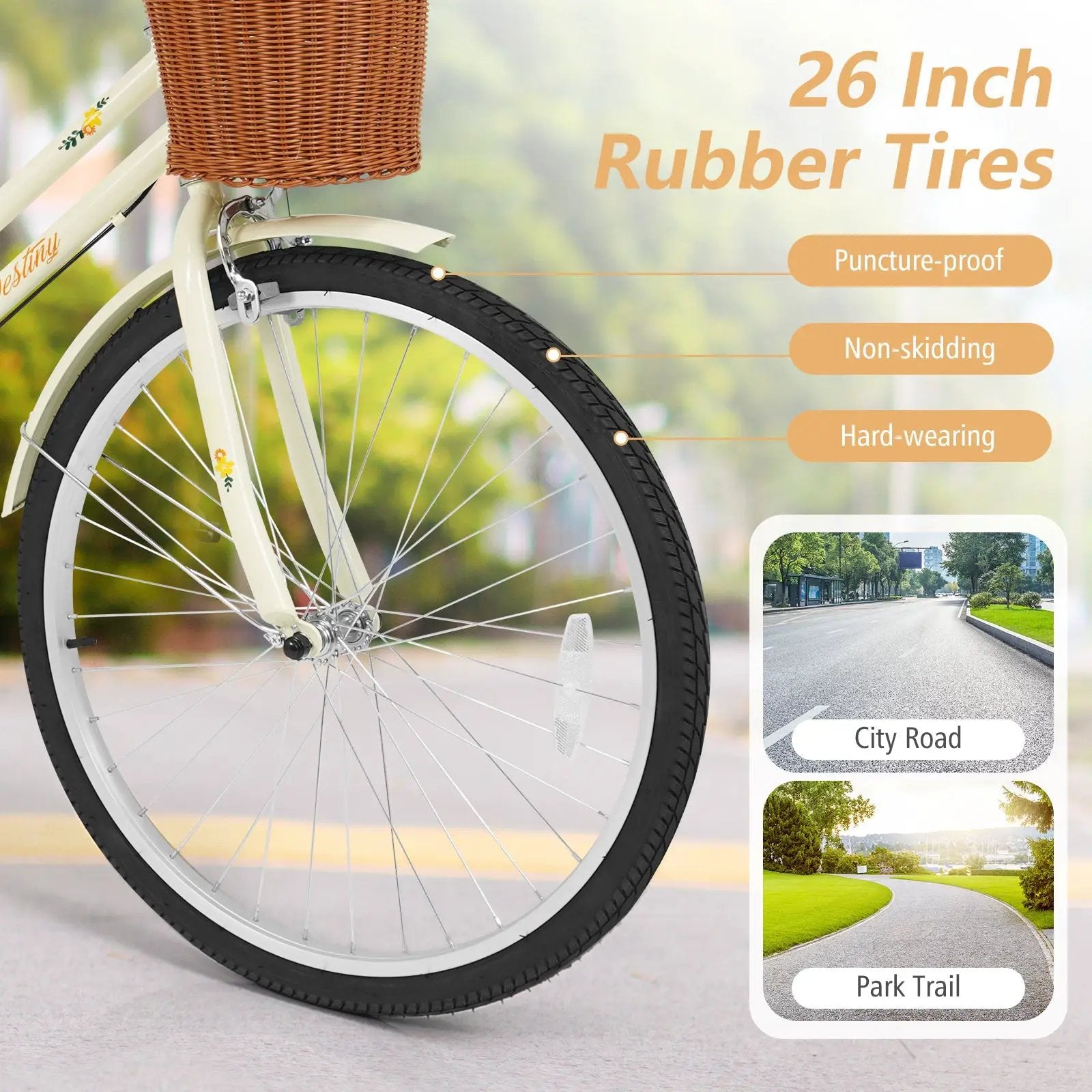 24/26 Inch Beach Cruiser Bike with Basket and Rear Rack by DirectDeals