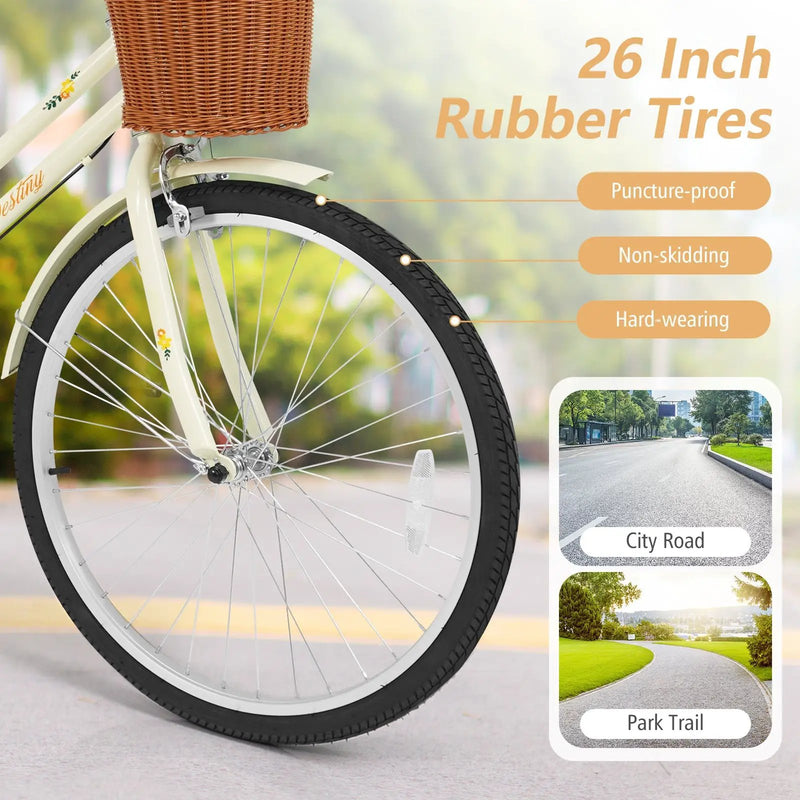 24/26 Inch Beach Cruiser Bike with Basket and Rear Rack by DirectDeals