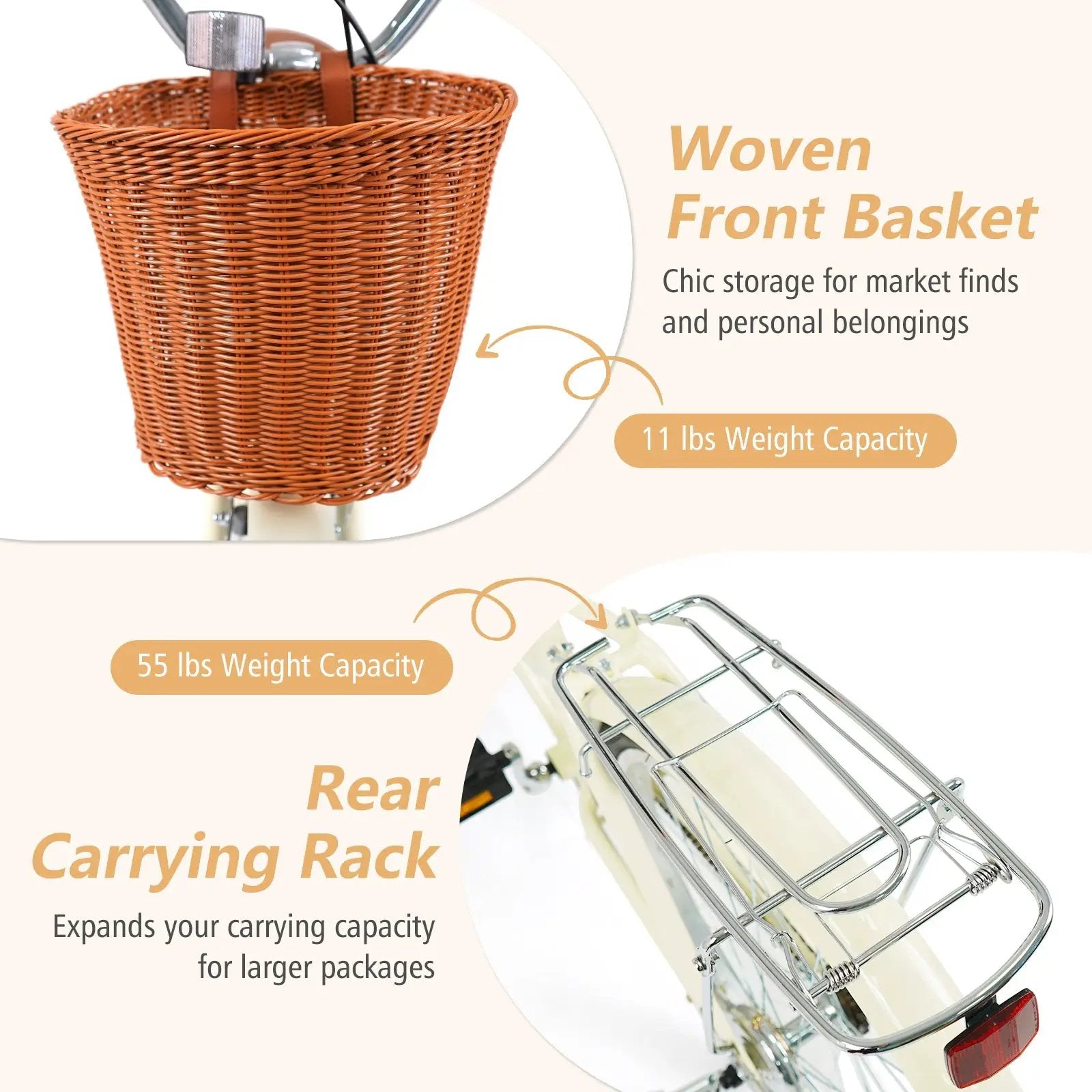 24/26 Inch Beach Cruiser Bike with Basket and Rear Rack by DirectDeals