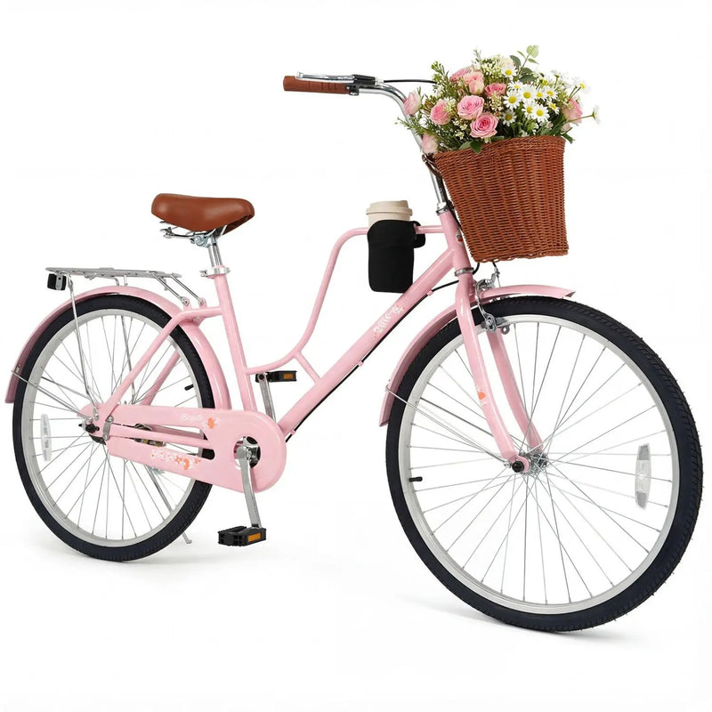 26-Inch Beach Cruiser Bike with Basket and Cup Holder - Pink by DirectDeals
