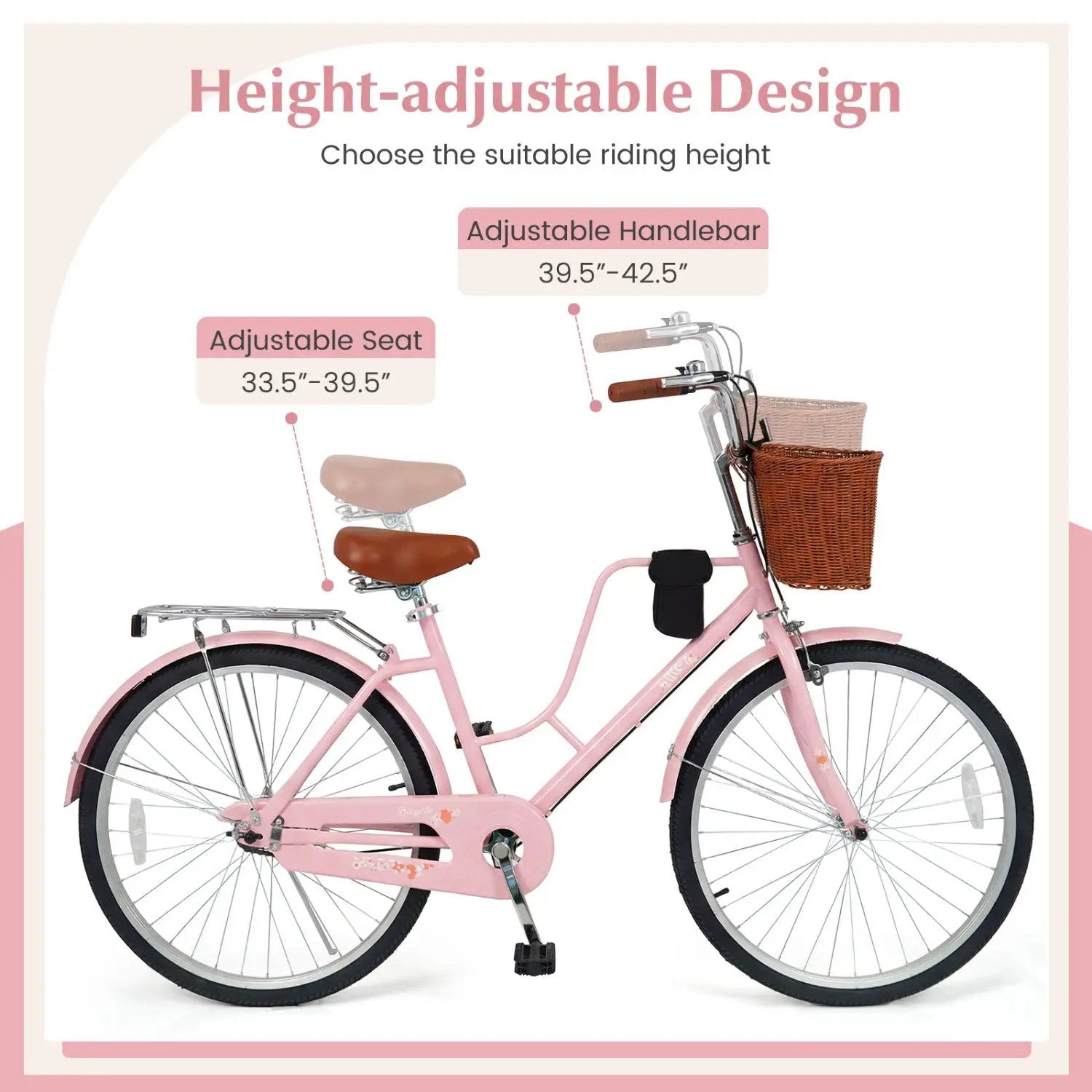 26-Inch Beach Cruiser Bike with Basket and Cup Holder - Pink by DirectDeals