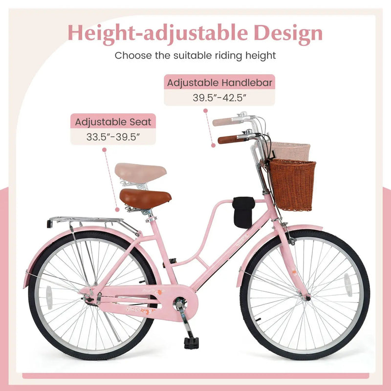 26-Inch Beach Cruiser Bike with Basket and Cup Holder - Pink by DirectDeals