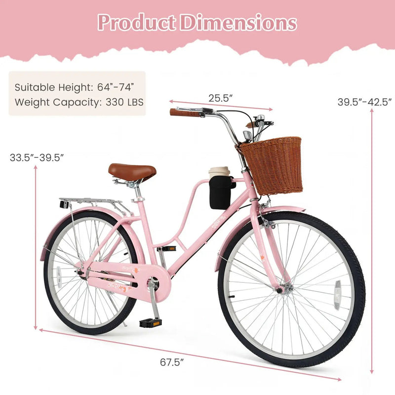 26-Inch Beach Cruiser Bike with Basket and Cup Holder - Pink by DirectDeals