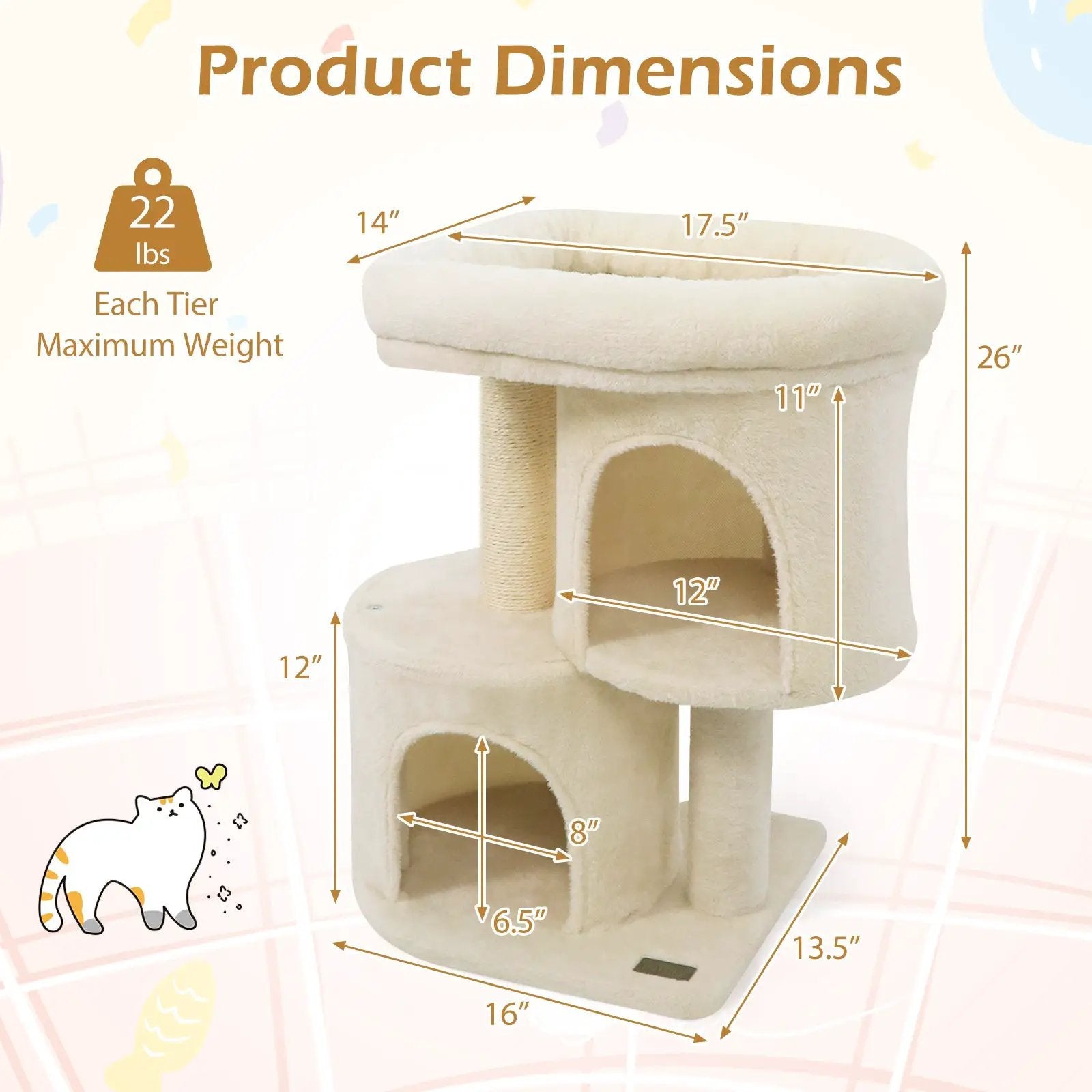 26 Inch Cat Tower with Large Padded Push Perch and Dual Condos by DirectDeals