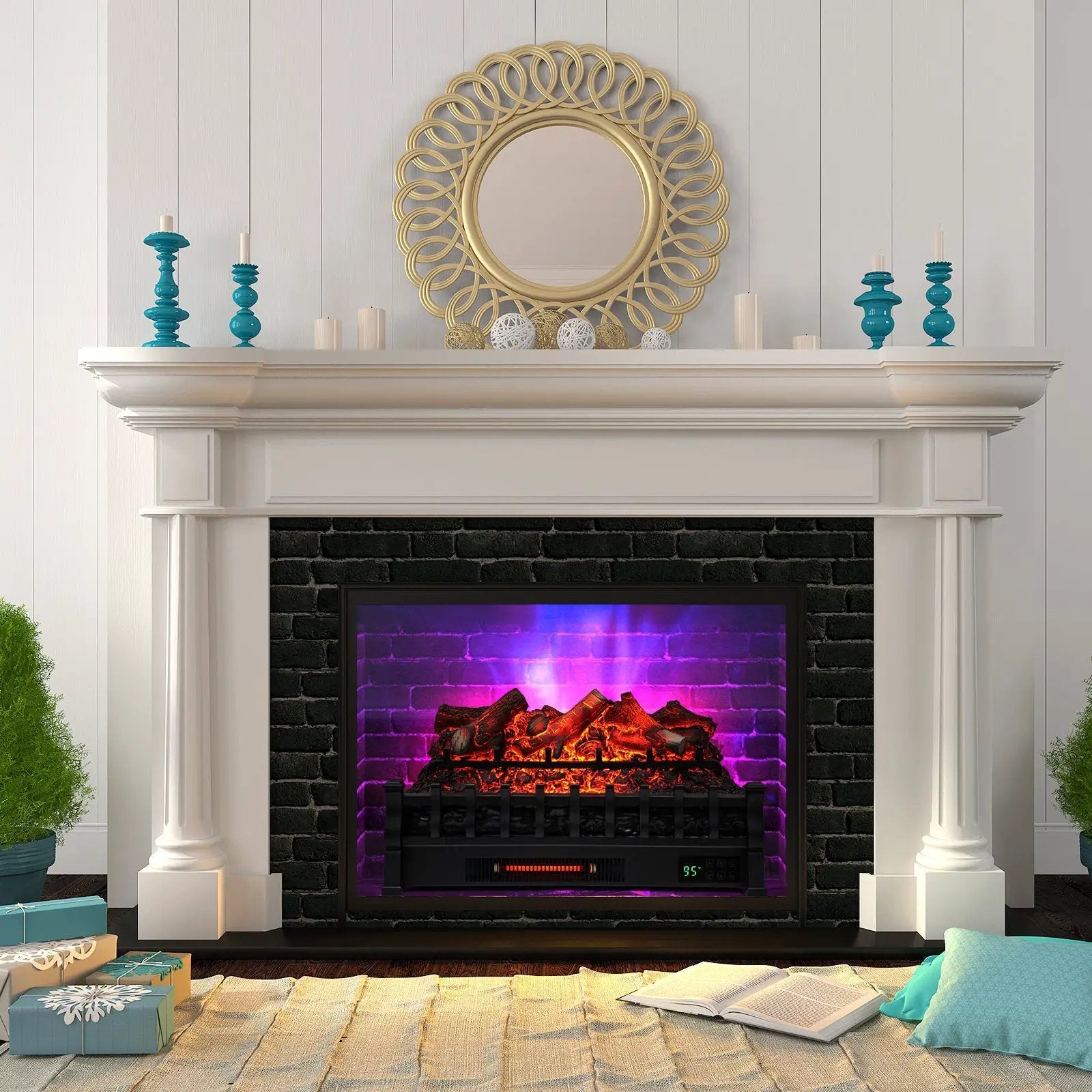 26 Inch Electric Fireplace Heater with Remote Control and Realistic Lemonwood Ember Bed-Black by DirectDeals