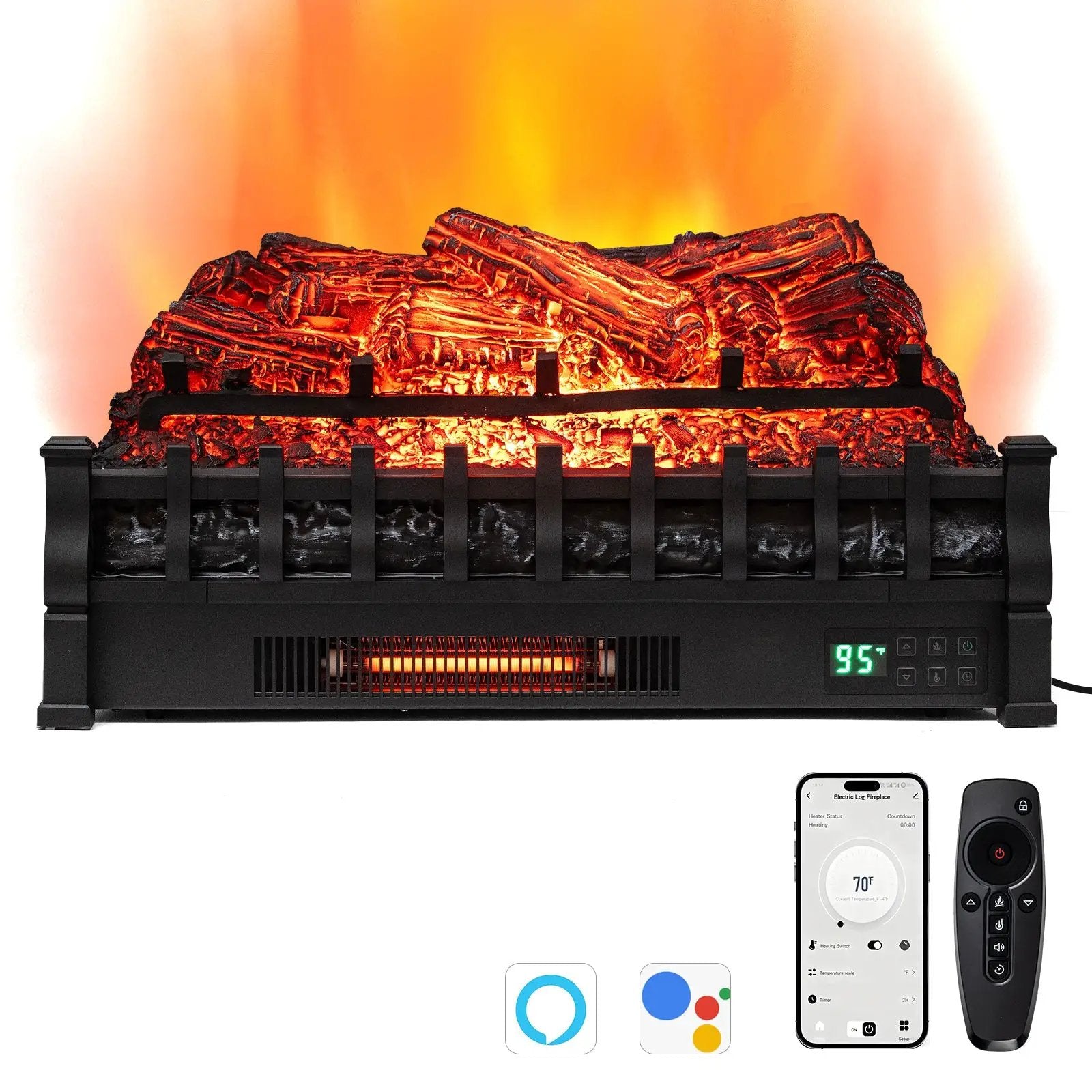 26 Inch WiFi Infrared Quartz Electric Fireplace Insert Logs Heater with Realistic Pinewood Logs-Black by DirectDeals