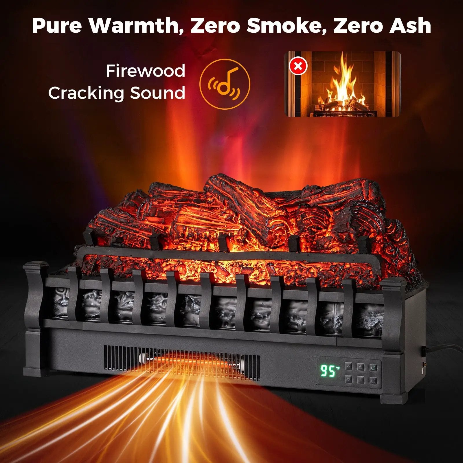 26 Inch WiFi Infrared Quartz Electric Fireplace Insert Logs Heater with Realistic Pinewood Logs-Black by DirectDeals