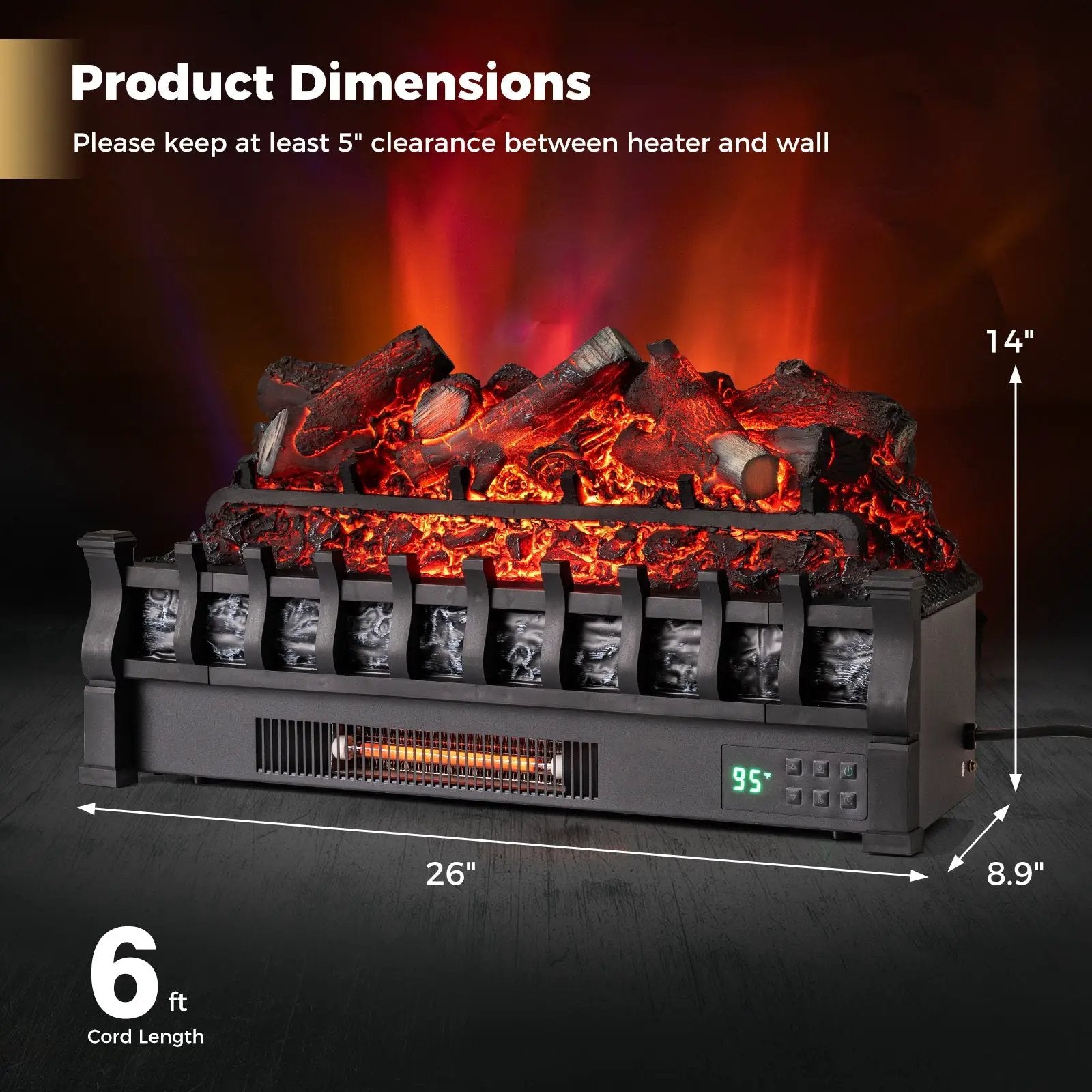26 Inch WiFi Infrared Quartz Electric Fireplace Insert Logs Heater with Realistic Lemonwood Logs-Black by DirectDeals