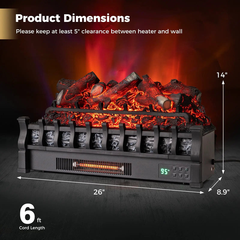 26 Inch WiFi Infrared Quartz Electric Fireplace Insert Logs Heater with Realistic Lemonwood Logs-Black by DirectDeals
