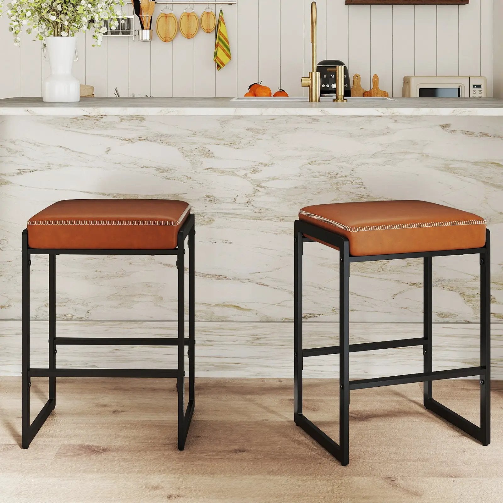 26 inch Bar Stools Set of 2 Counter Height Barstools with Faux Leather Upholstered Seat by DirectDeals
