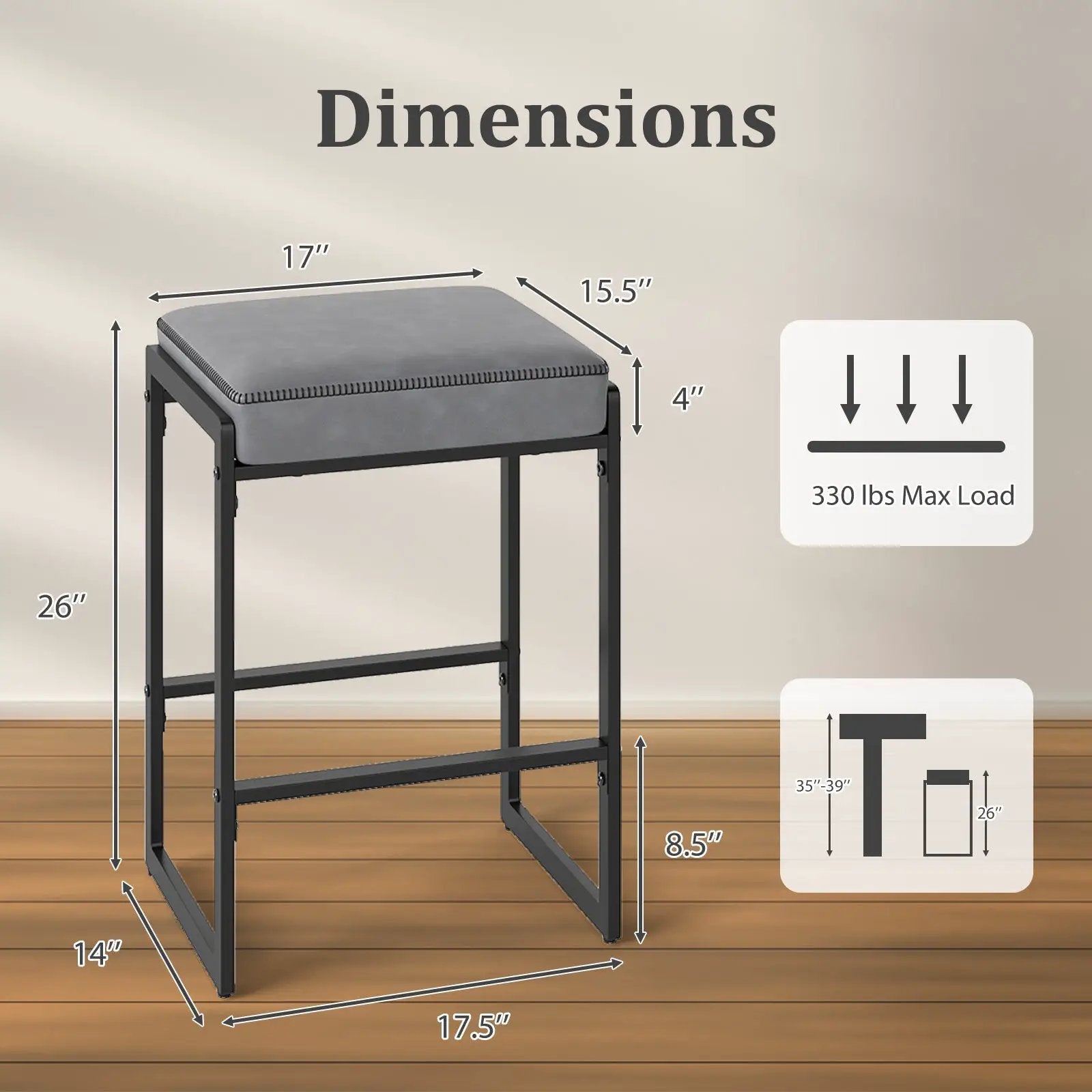 26 inch Bar Stools Set of 2 Counter Height Barstools with Faux Leather Upholstered Seat by DirectDeals