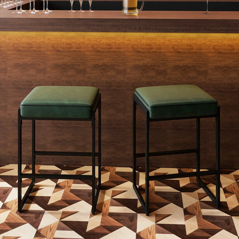 26 inch Bar Stools Set of 2 Counter Height Barstools with Faux Leather Upholstered Seat by DirectDeals