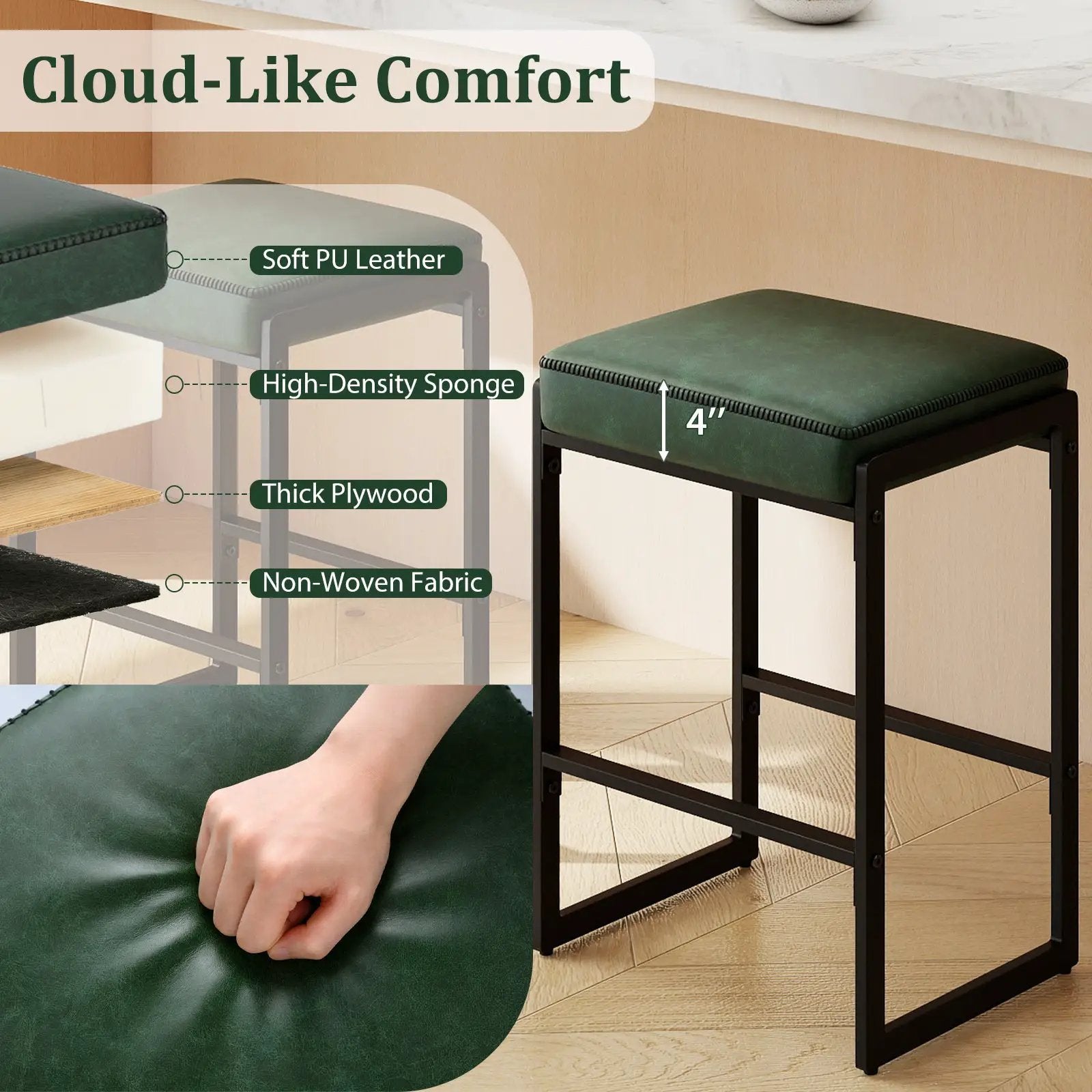 26 inch Bar Stools Set of 4 Counter Height Barstools with Faux Leather Upholstered Seat by DirectDeals
