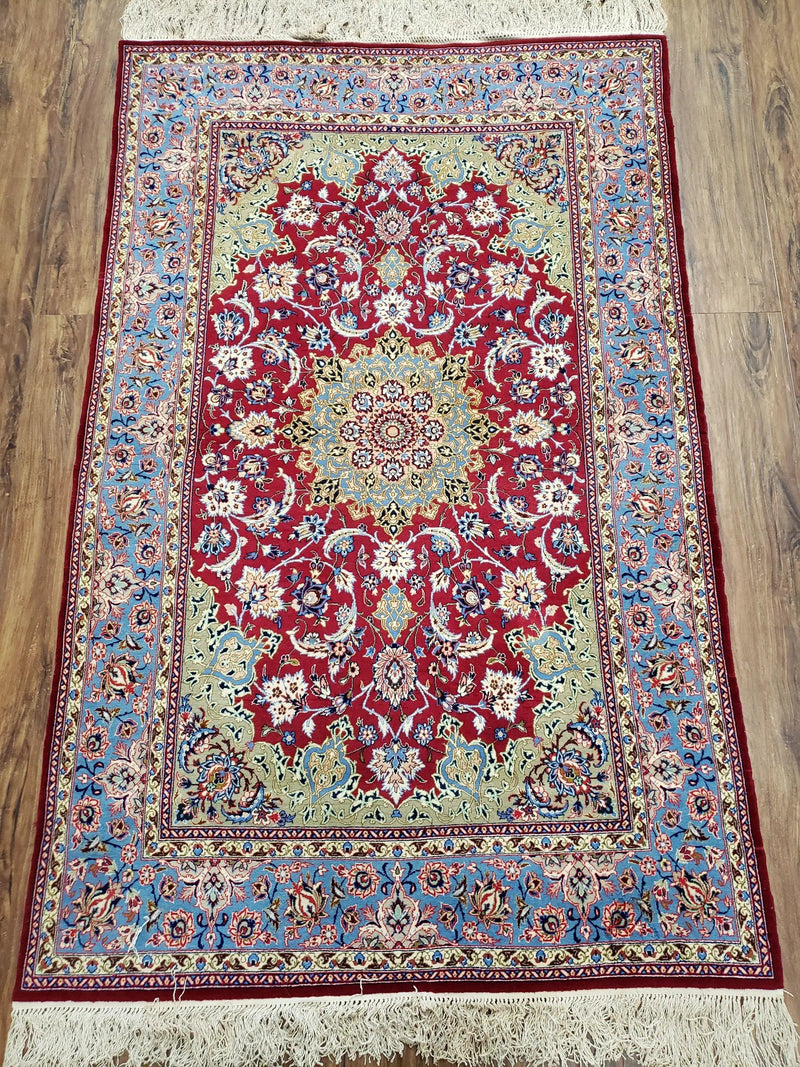 Semi Antique Persian Isfahan Rug, Kork Wool on Silk Foundation, Red & Blue, Top Quality, 3'6" x 5' 6" by Jewel Rugs