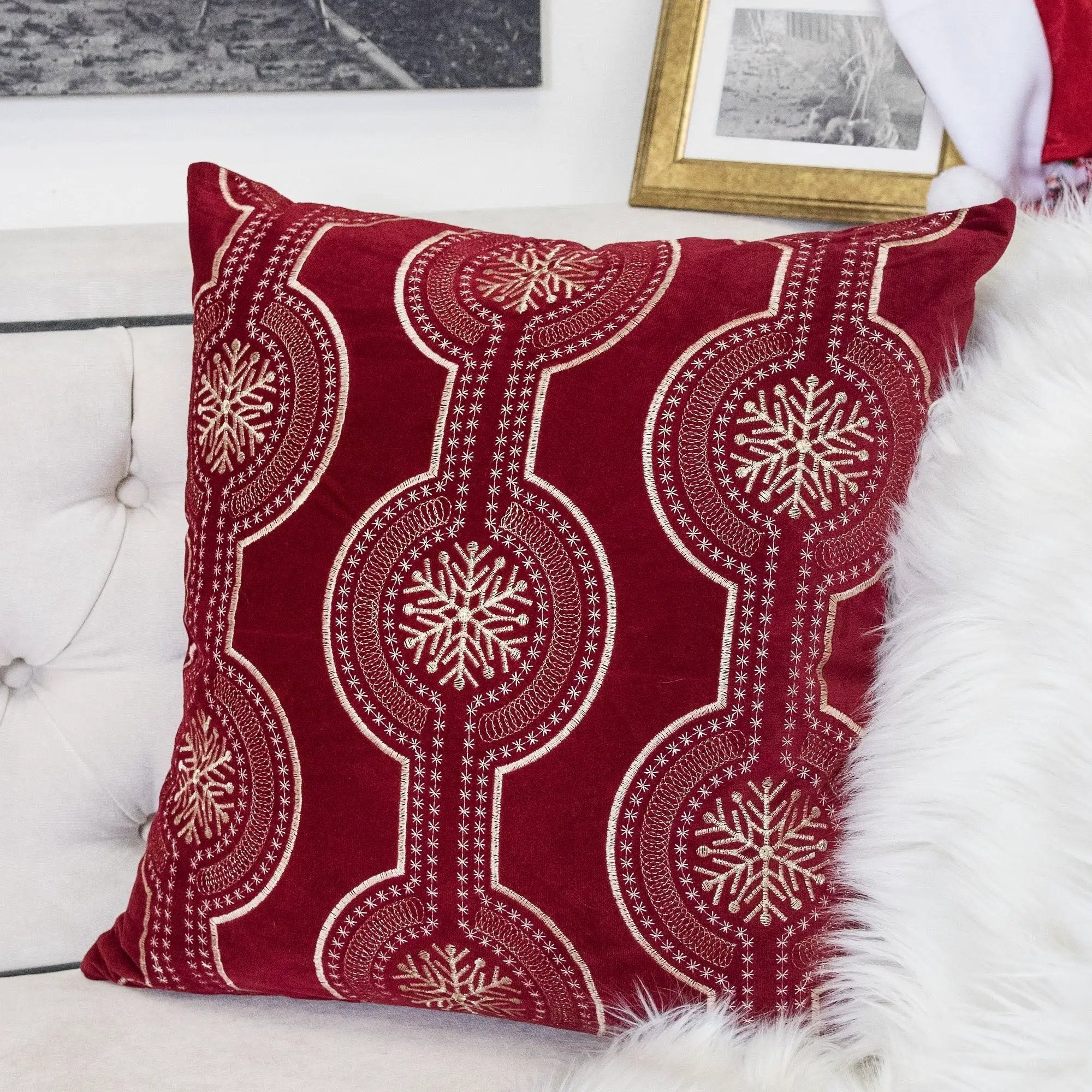 Red Holiday Embroidered Velvet Throw Pillow with Insert 20x20 Set of 2 by HouseOfZazla