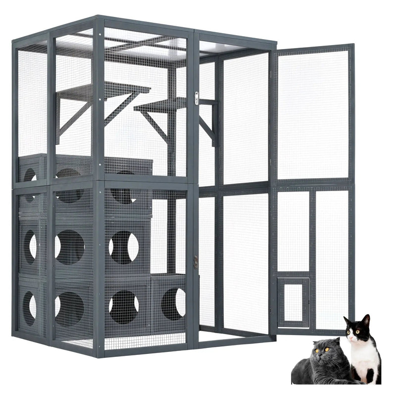 Outdoor Cat House With Shelves And Weather Protection, Removable Wood Boxes - Gray by HouseOfZazla