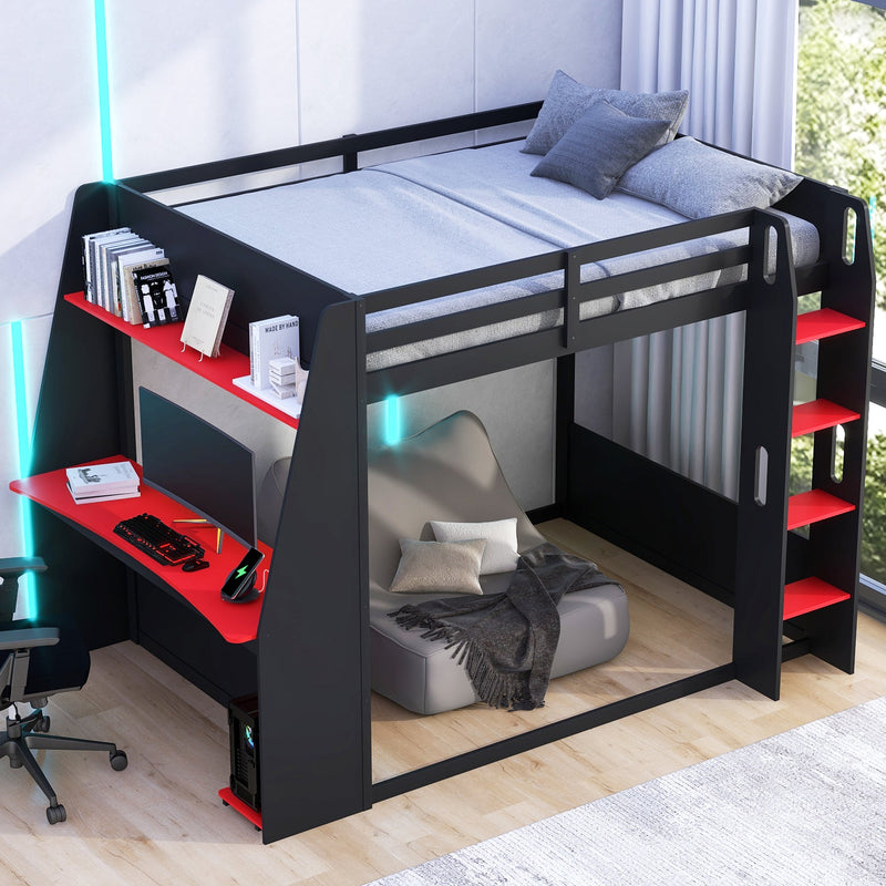Full Size Wooden Gaming Bunk Bed with Desk, Two Storage Shelves, USB and LED Light by HouseOfZazla