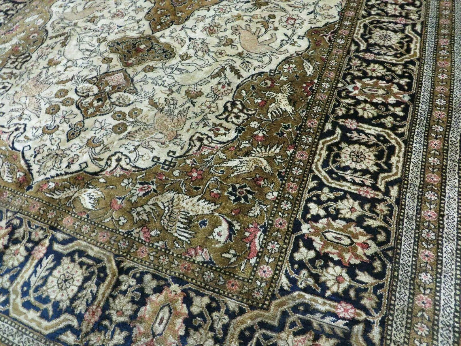 Handmade Silk Rug 3x5, Vintage Antique Silk Carpet, Hand-Knotted Oriental Rug 3 x 5, Animal Motifs, Deer Birds, One-Of-A-Kind by Jewel Rugs