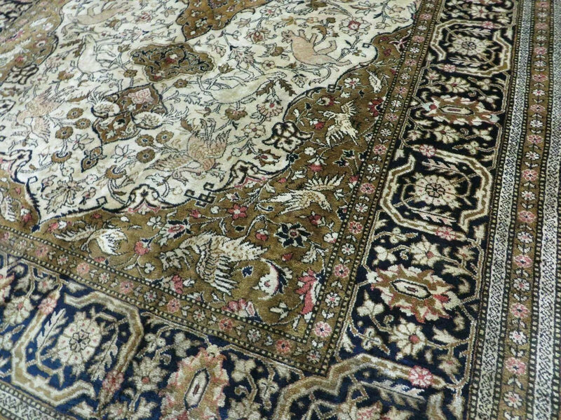 Handmade Silk Rug 3x5, Vintage Antique Silk Carpet, Hand-Knotted Oriental Rug 3 x 5, Animal Motifs, Deer Birds, One-Of-A-Kind by Jewel Rugs