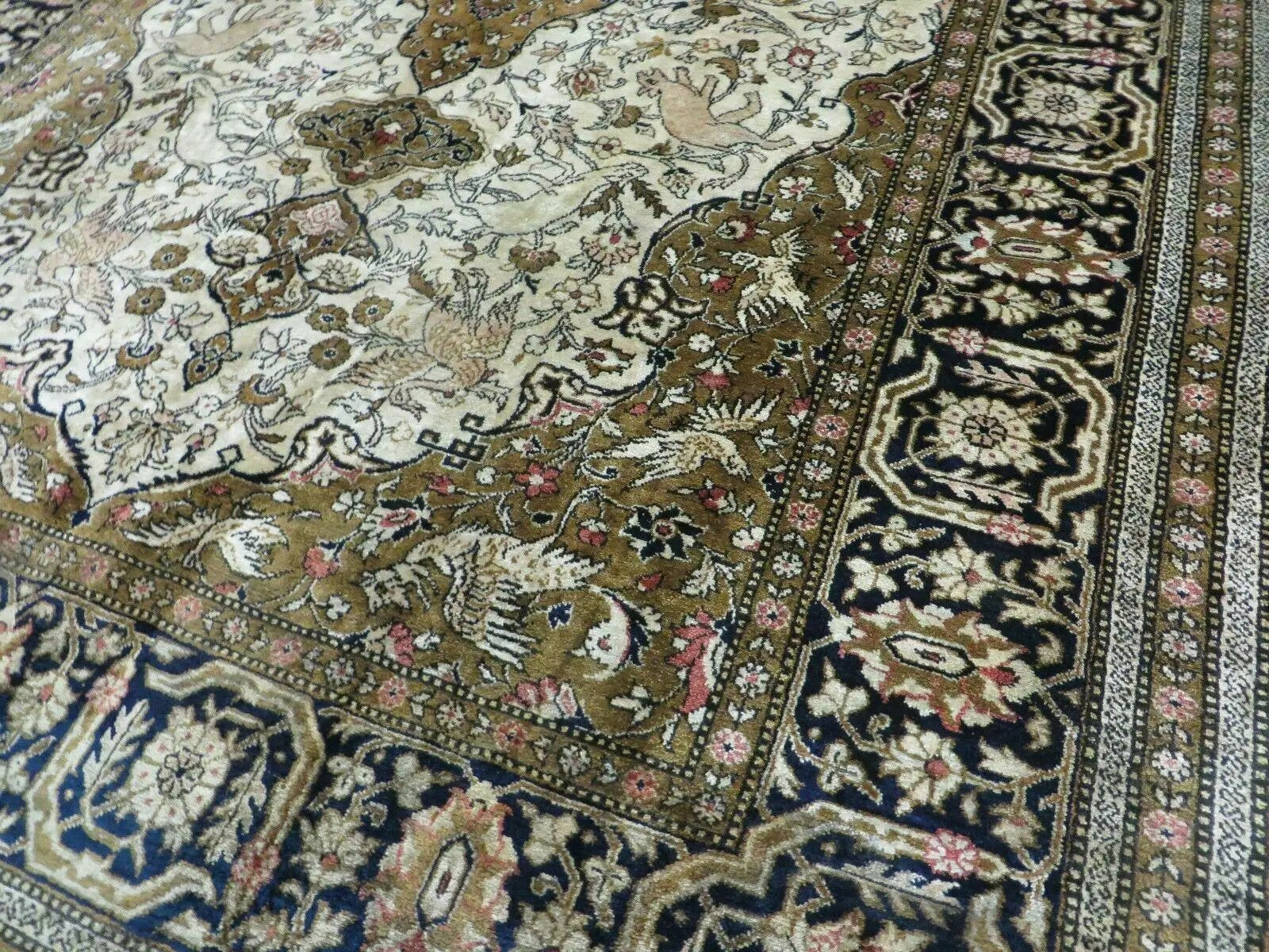 Handmade Silk Rug 3x5, Vintage Antique Silk Carpet, Hand-Knotted Oriental Rug 3 x 5, Animal Motifs, Deer Birds, One-Of-A-Kind by Jewel Rugs