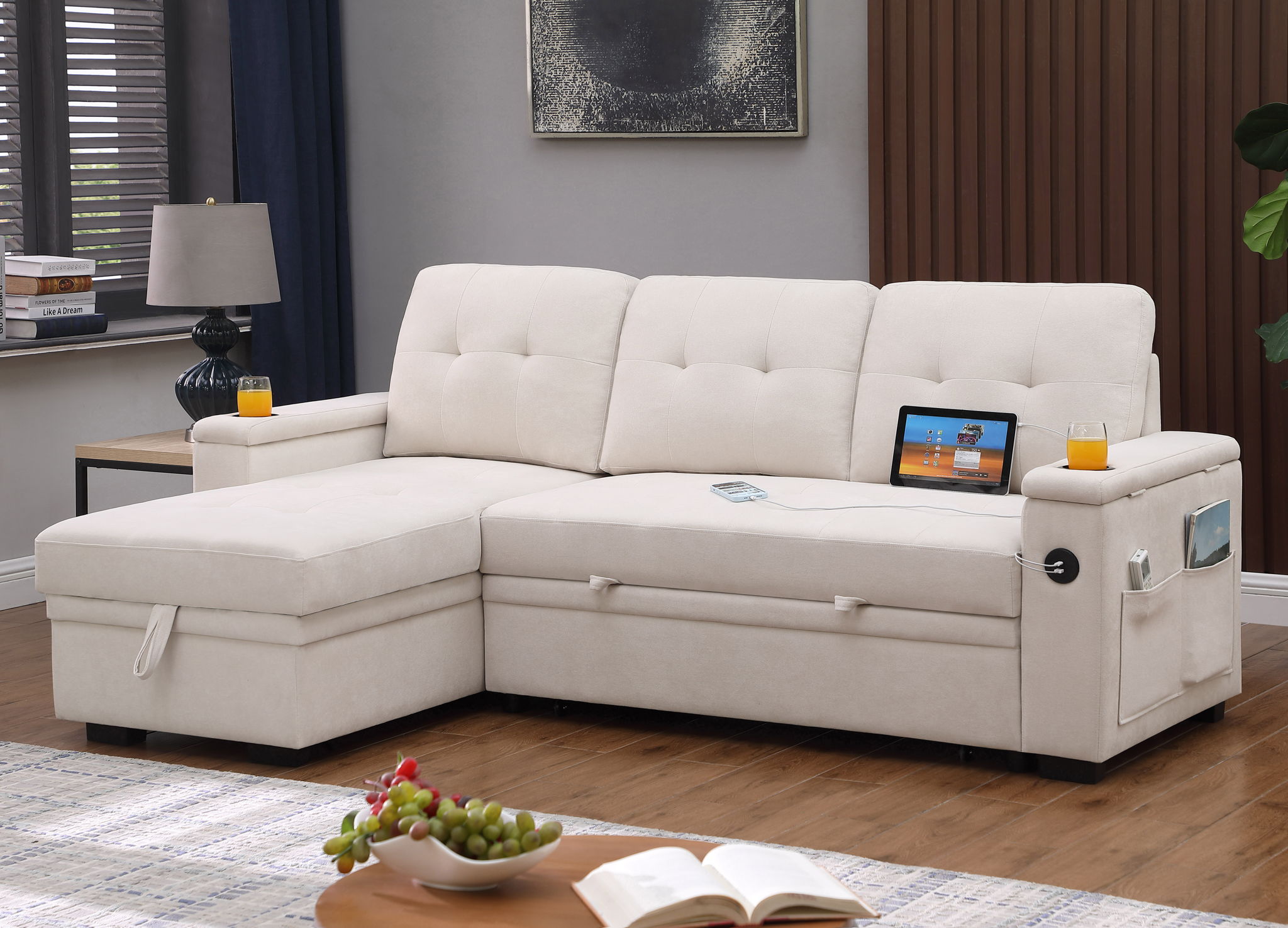 Ashlyn II - 84"W Woven Fabric Reversible Sleeper Sectional Sofa with Storage Chaise by HouseOfZazla