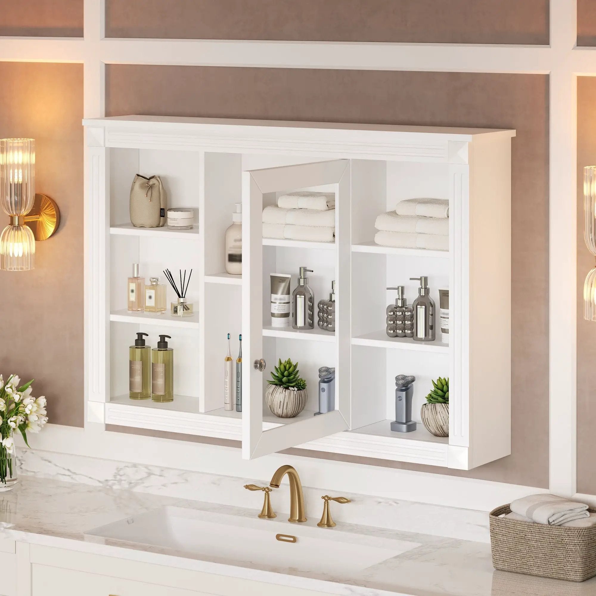 Wall Mounted Bathroom Storage Cabinet With Mirror, Medicine Cabinet With 6 Open Shelves And Adjustable Interior - White by Unique Piece Furniture