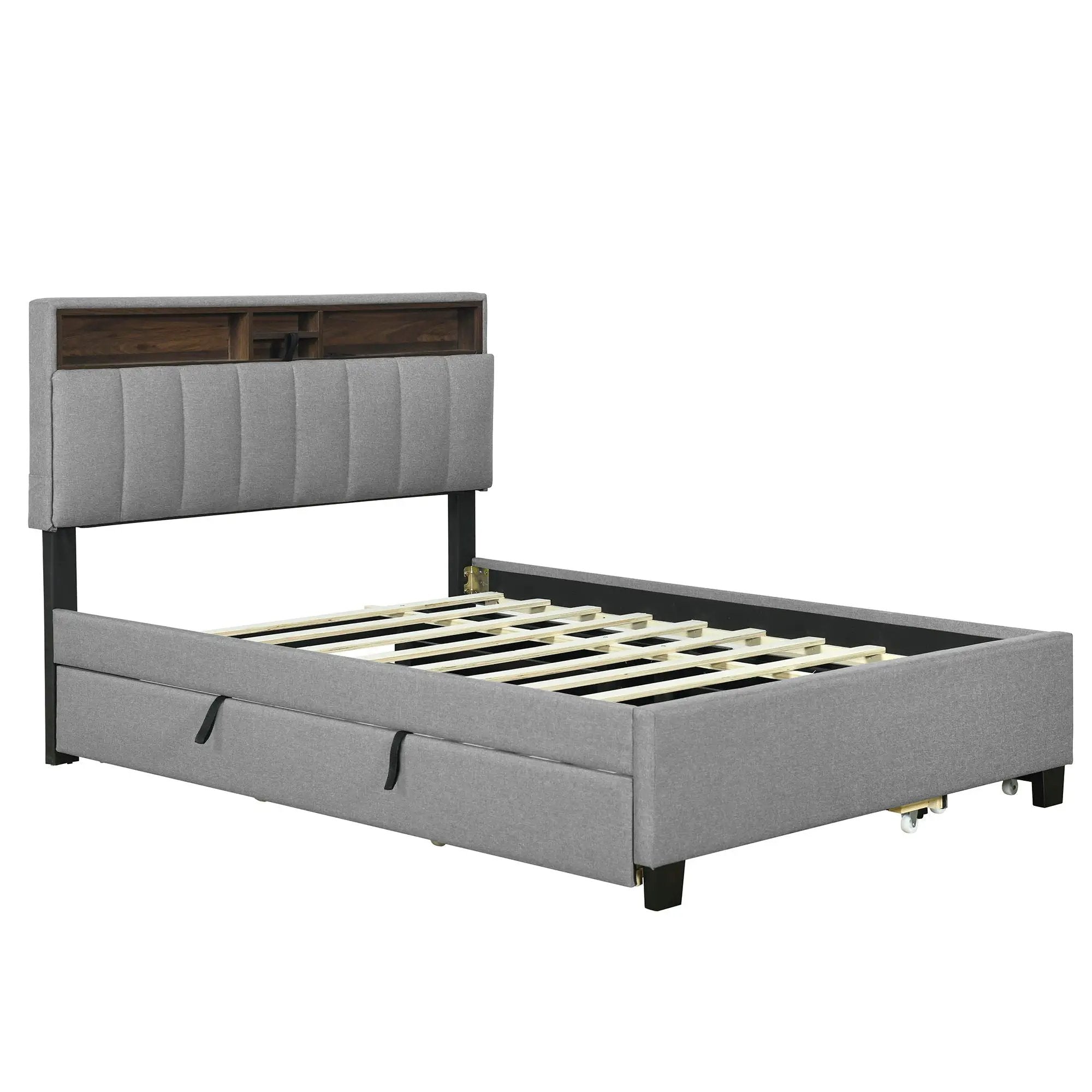 Upholstered Platform Bed With Storage Headboard, Trundle & 2 Drawers And A Set Of Sockets & USB Ports by HouseOfZazla