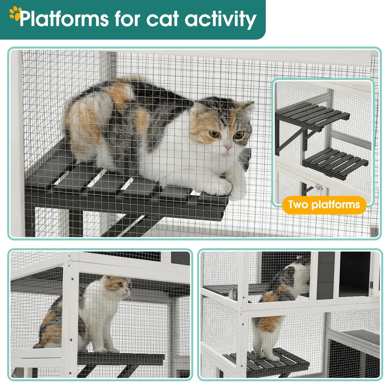 3 Tier Wooden Outdoor & Indoor Cat House Suitable For 1-3 Cats Cat Enclosure Resting Box With 4 Platforms And 2 Doors Cat Shelter Kitty House With A Jump Box For Hiding And Resting Cat Cage - Gray by HouseOfZazla
